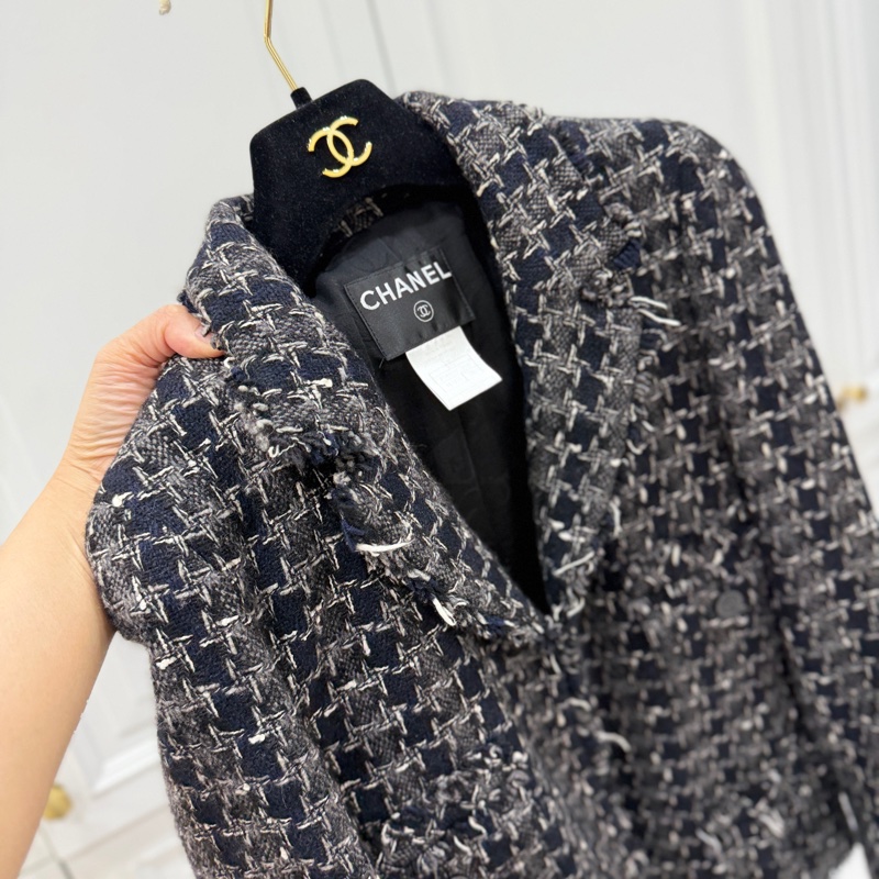 CHANEL 香奈兒 毛呢 黑灰 西外 西裝外套 短大衣 大衣 外套 夾克-4