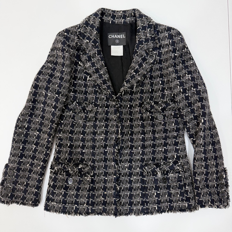 CHANEL 香奈兒 毛呢 黑灰 西外 西裝外套 短大衣 大衣 外套 夾克-9