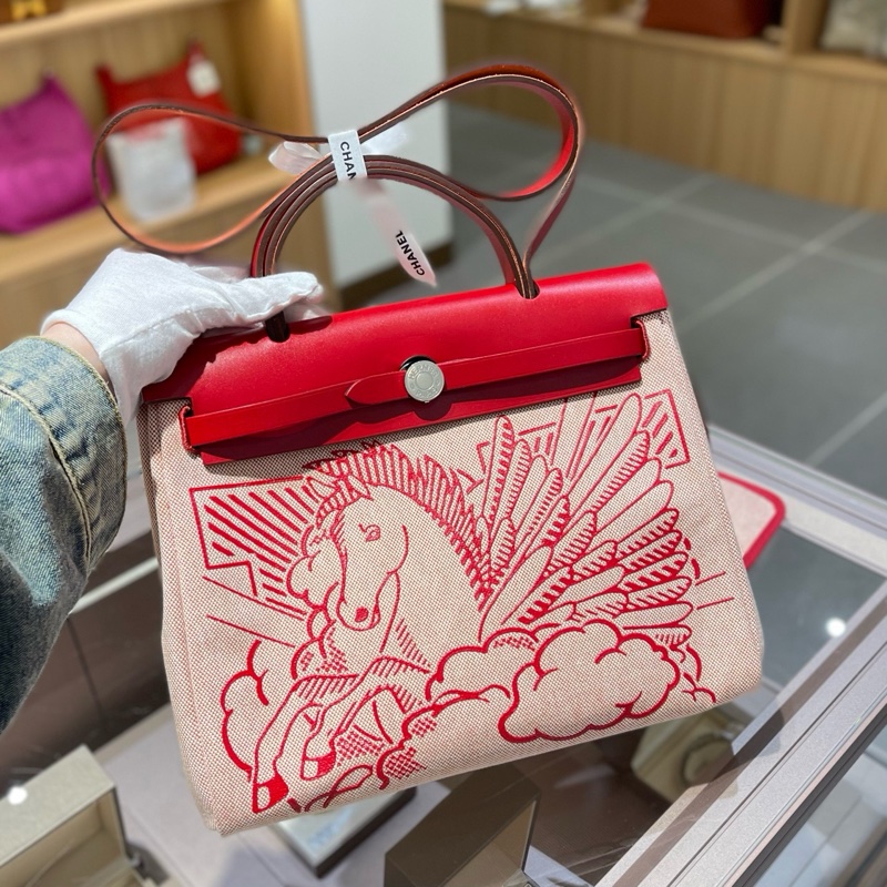 Hermes 爱马仕 Herbag31 红色飞马帆布配马鞍皮飞马-2