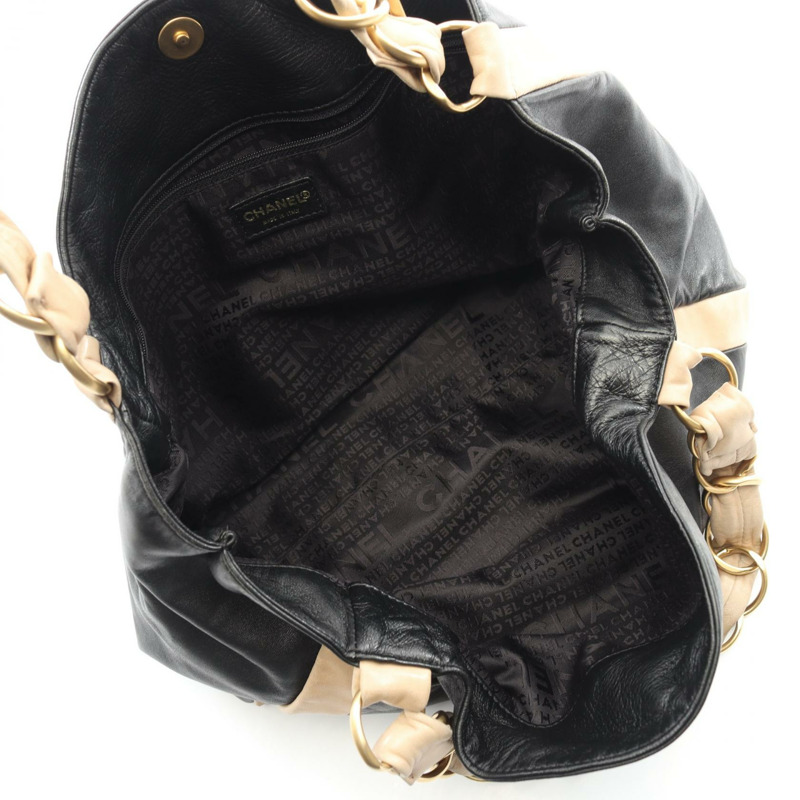 香奈兒 COCO 標誌鏈條手提包，黑色米色皮革，金色五金，二手，女士 CC-2