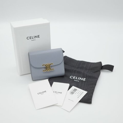 Celine 思琳 Triomphe 經典凱旋門 紫羅藍色 亮面光滑 小牛皮 翻蓋 三折短夾