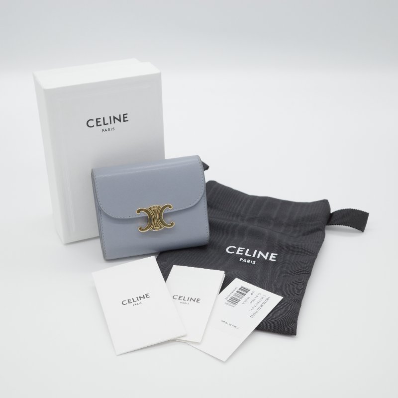 Celine 思琳 Triomphe 經典凱旋門 紫羅藍色 亮面光滑 小牛皮 翻蓋 三折短夾-0