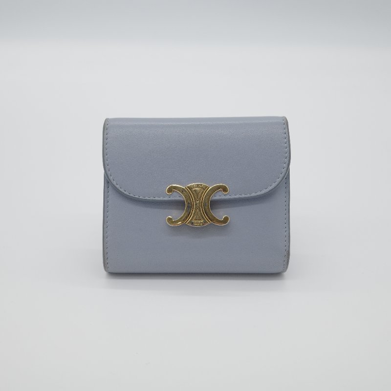 Celine 思琳 Triomphe 經典凱旋門 紫羅藍色 亮面光滑 小牛皮 翻蓋 三折短夾-1