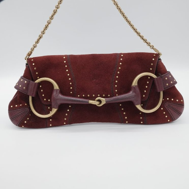 Gucci古馳 Horsebit 1955 馬鞍包 復古棕紅色 麂皮 酒鉚釘 馬銜扣 手拿包 鏈帶包-0