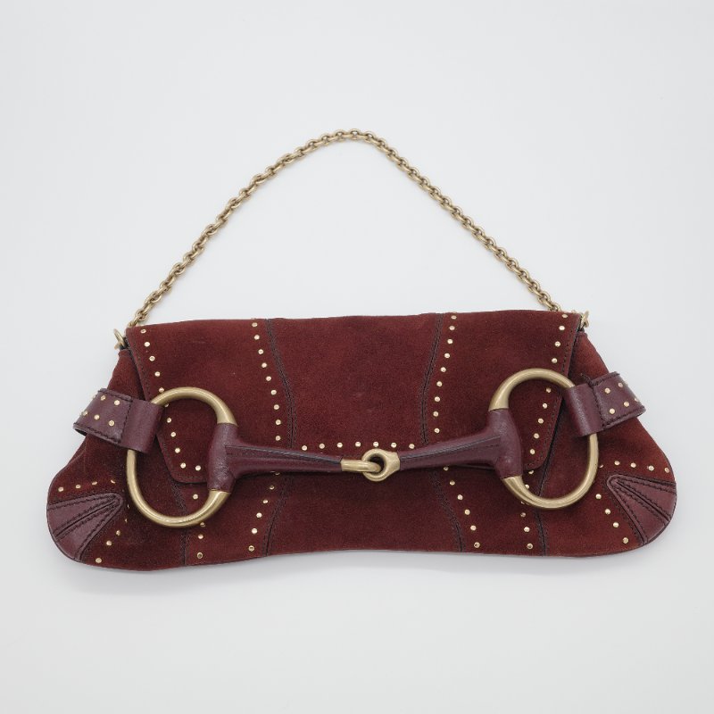 Gucci古馳 Horsebit 1955 馬鞍包 復古棕紅色 麂皮 酒鉚釘 馬銜扣 手拿包 鏈帶包-4