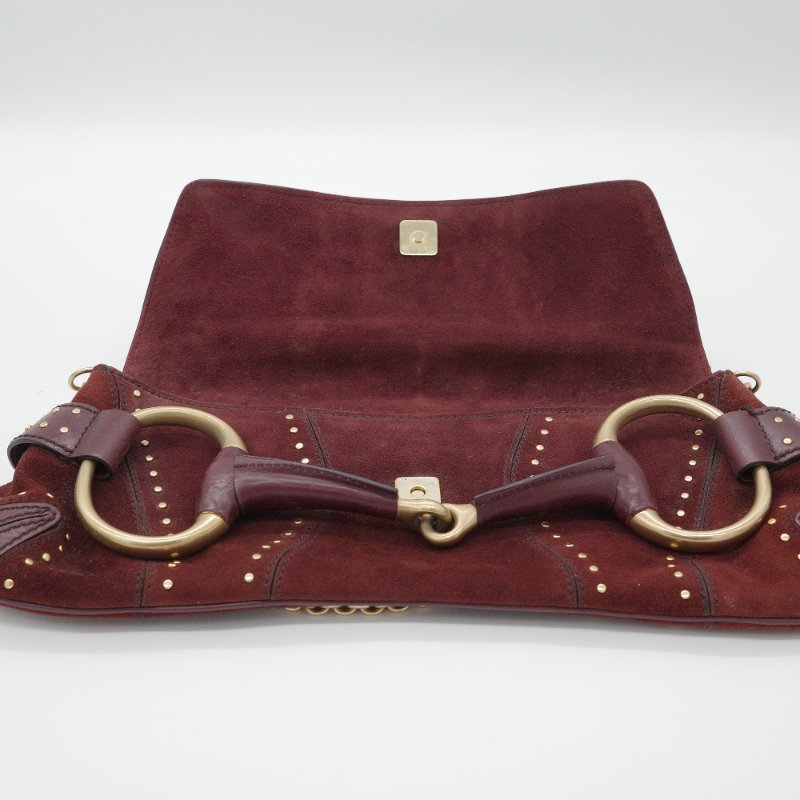 Gucci古馳 Horsebit 1955 馬鞍包 復古棕紅色 麂皮 酒鉚釘 馬銜扣 手拿包 鏈帶包-10