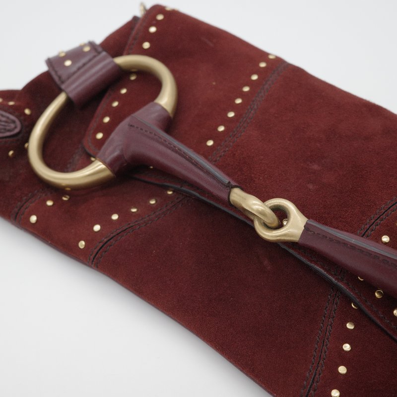 Gucci古馳 Horsebit 1955 馬鞍包 復古棕紅色 麂皮 酒鉚釘 馬銜扣 手拿包 鏈帶包-16