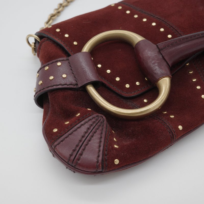 Gucci古馳 Horsebit 1955 馬鞍包 復古棕紅色 麂皮 酒鉚釘 馬銜扣 手拿包 鏈帶包-19