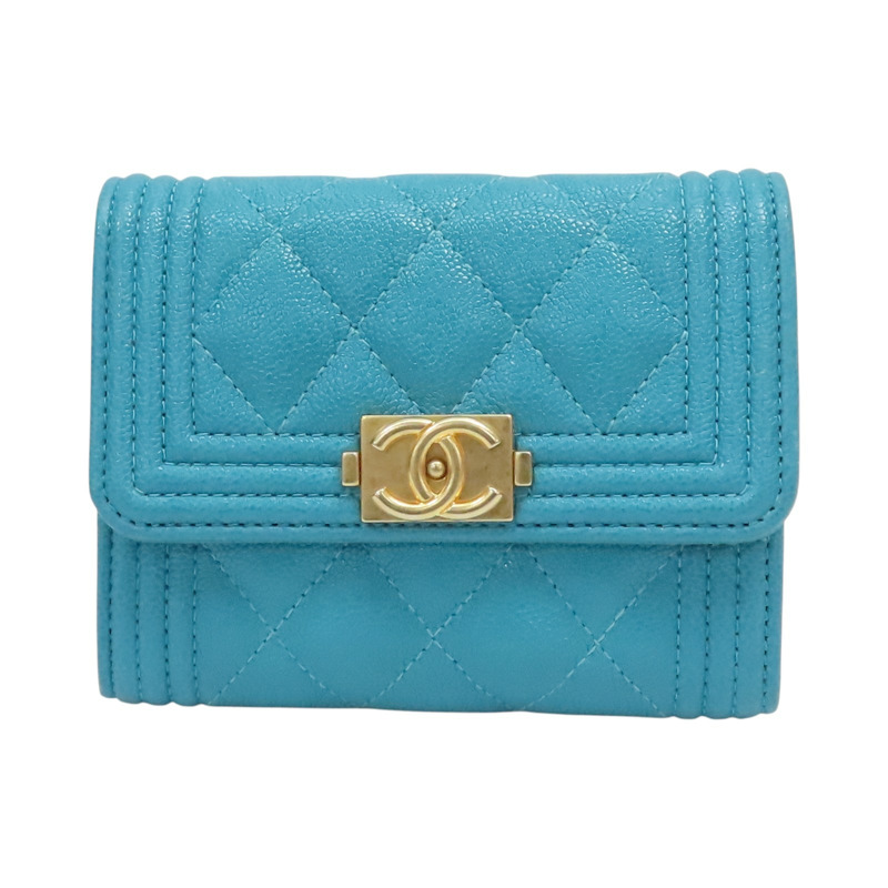 綠色 荔枝紋牛皮 BOY 扣式短夾【CHANEL 香奈兒】-0