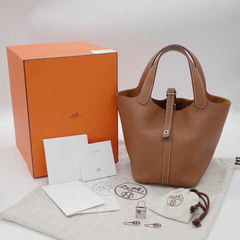 【配件超級全♥️保存品超級新】Hermès 愛馬仕 Picotin 18 金棕色 銀扣 菜籃子18 TC 牛皮 手提包 U 刻
