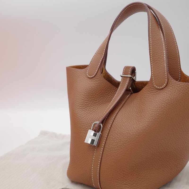 【配件超級全♥️保存品超級新】Hermès 愛馬仕 Picotin 18 金棕色 銀扣 菜籃子18 TC 牛皮 手提包 U 刻-6