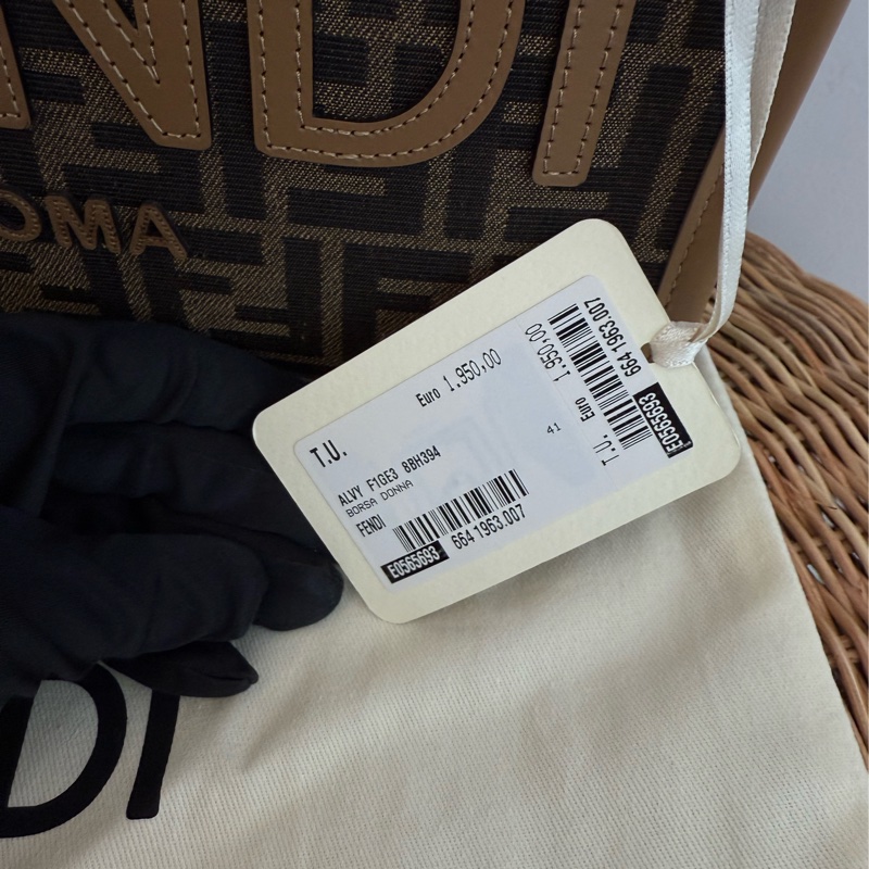 閒置新品FENDI棕色木柄提花滿版logo Sunshine小型手提側背包8BH394ALVYF1GE3-9