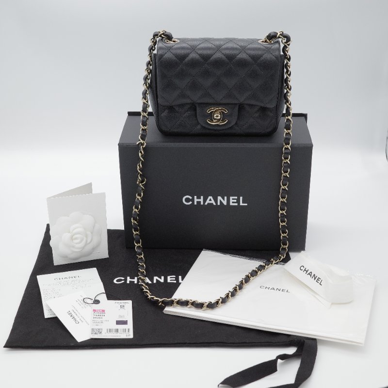 Chanel 香奈兒 CF Mini Square 迷你方胖子 黑色 小羊皮 淺金扣 翻蓋包 斜背包 肩背包-0