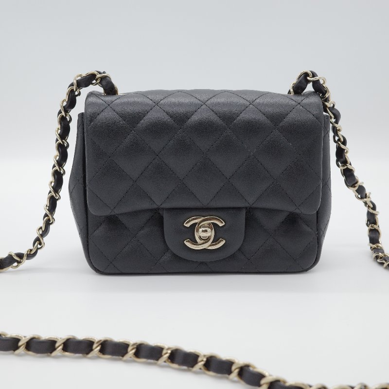 Chanel 香奈兒 CF Mini Square 迷你方胖子 黑色 小羊皮 淺金扣 翻蓋包 斜背包 肩背包-1
