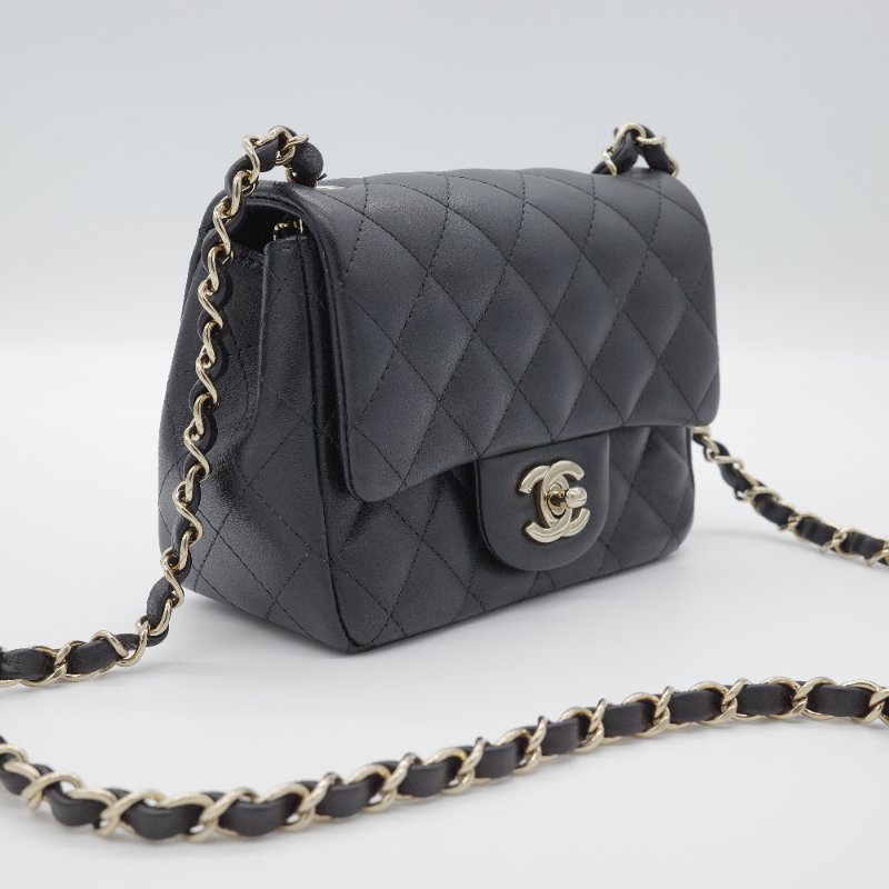 Chanel 香奈兒 CF Mini Square 迷你方胖子 黑色 小羊皮 淺金扣 翻蓋包 斜背包 肩背包-2