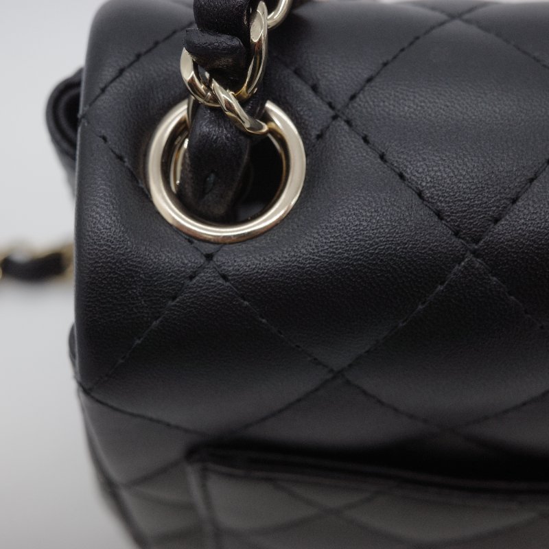 Chanel 香奈兒 CF Mini Square 迷你方胖子 黑色 小羊皮 淺金扣 翻蓋包 斜背包 肩背包-6
