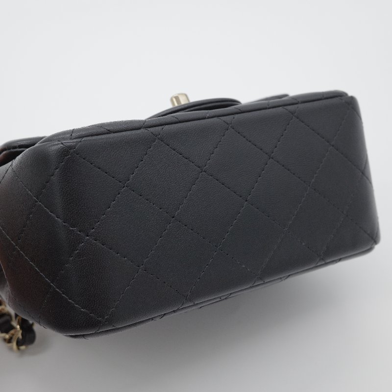 Chanel 香奈兒 CF Mini Square 迷你方胖子 黑色 小羊皮 淺金扣 翻蓋包 斜背包 肩背包-13