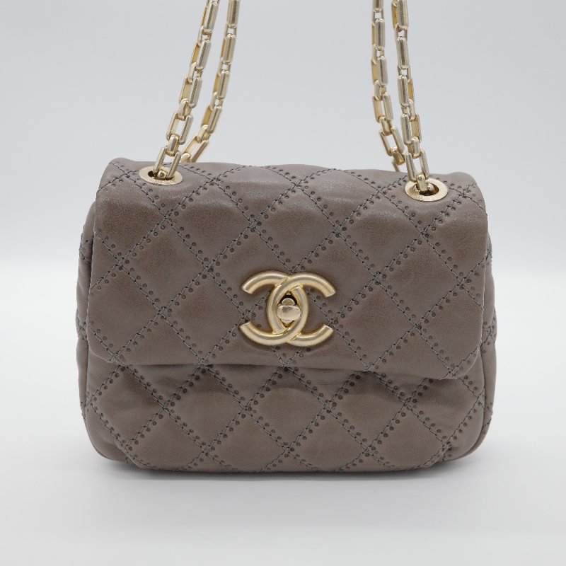 Chanel 香奈兒 Ultimate Stitch 灰褐色 復古小牛皮 鏈帶包 蓋口包-1