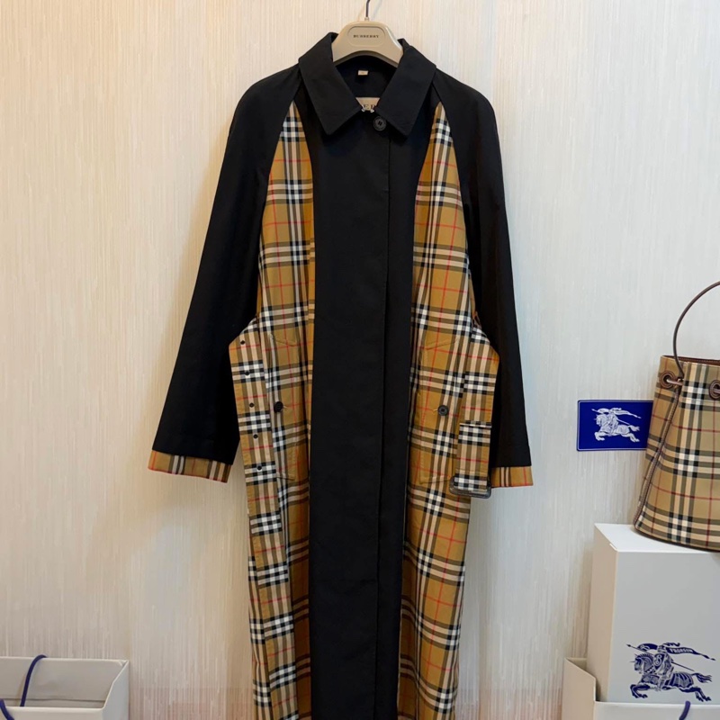 BURBERRY 英國格紋拼接黑色風衣UK4-1