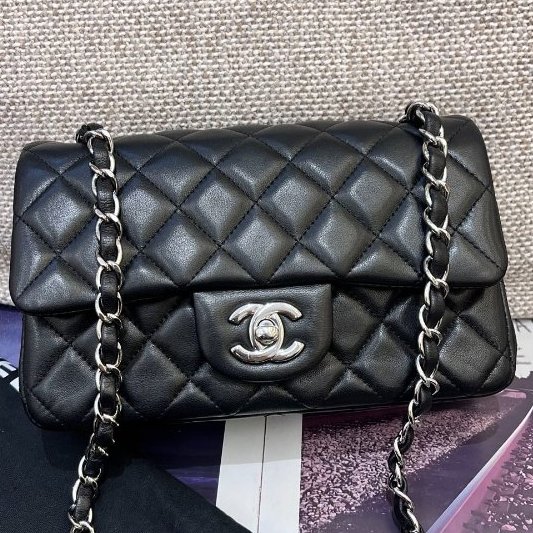 香奈兒CHANEL黑銀羊皮大mini鏈條包-5