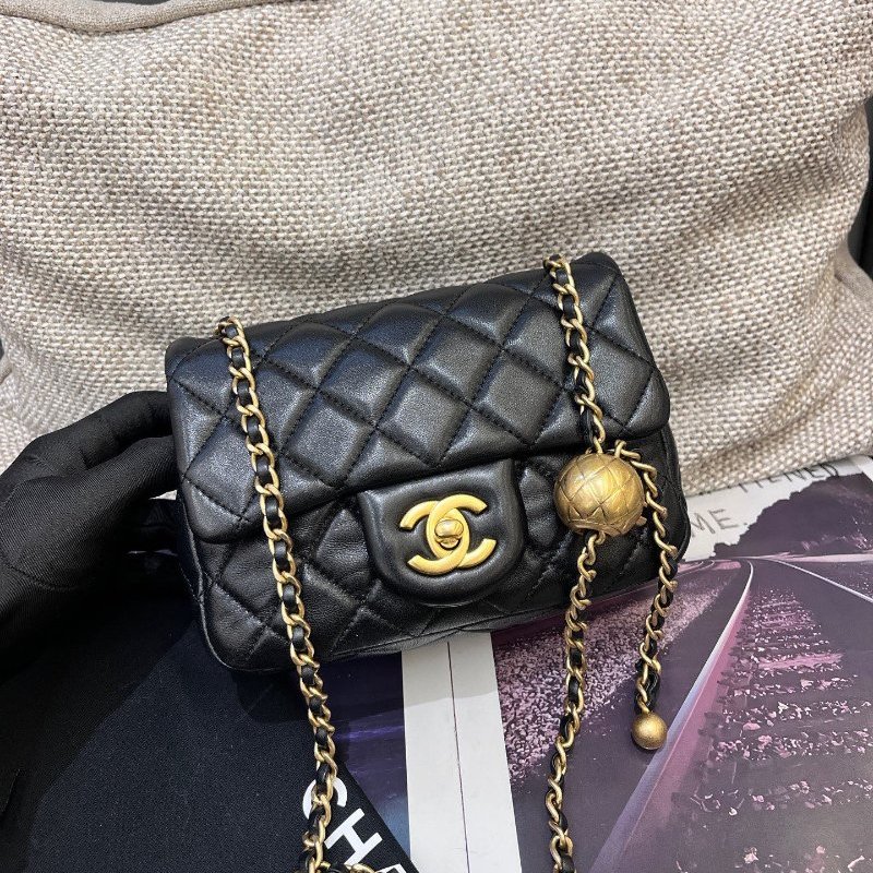 芯片款 香奈兒CHANEL黑金方胖子金球羊皮鏈條包-0