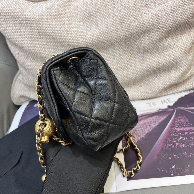 芯片款 香奈兒CHANEL黑金方胖子金球羊皮鏈條包-2