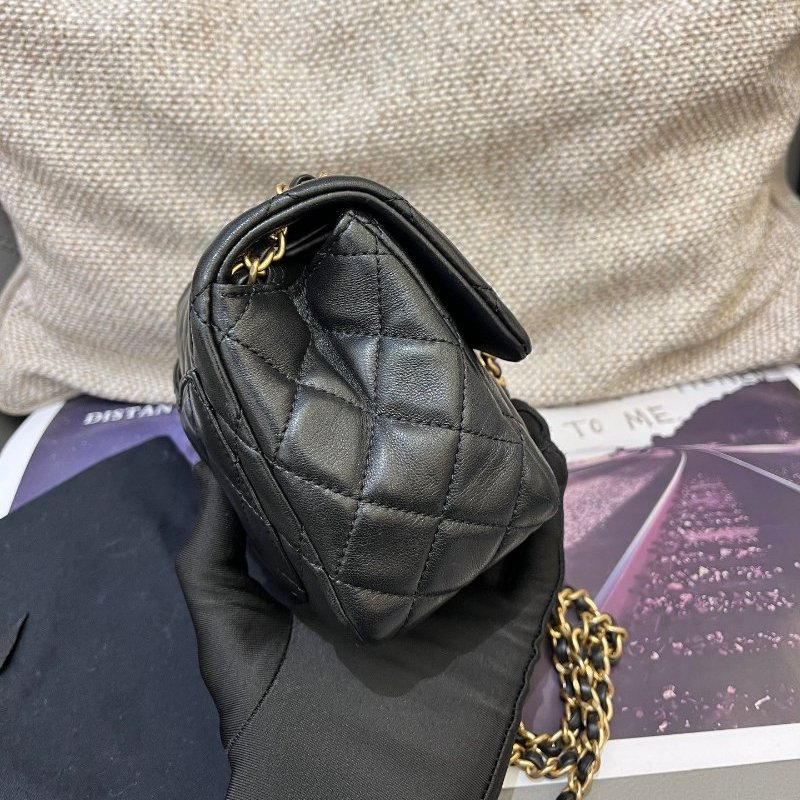 芯片款 香奈兒CHANEL黑金方胖子金球羊皮鏈條包-3