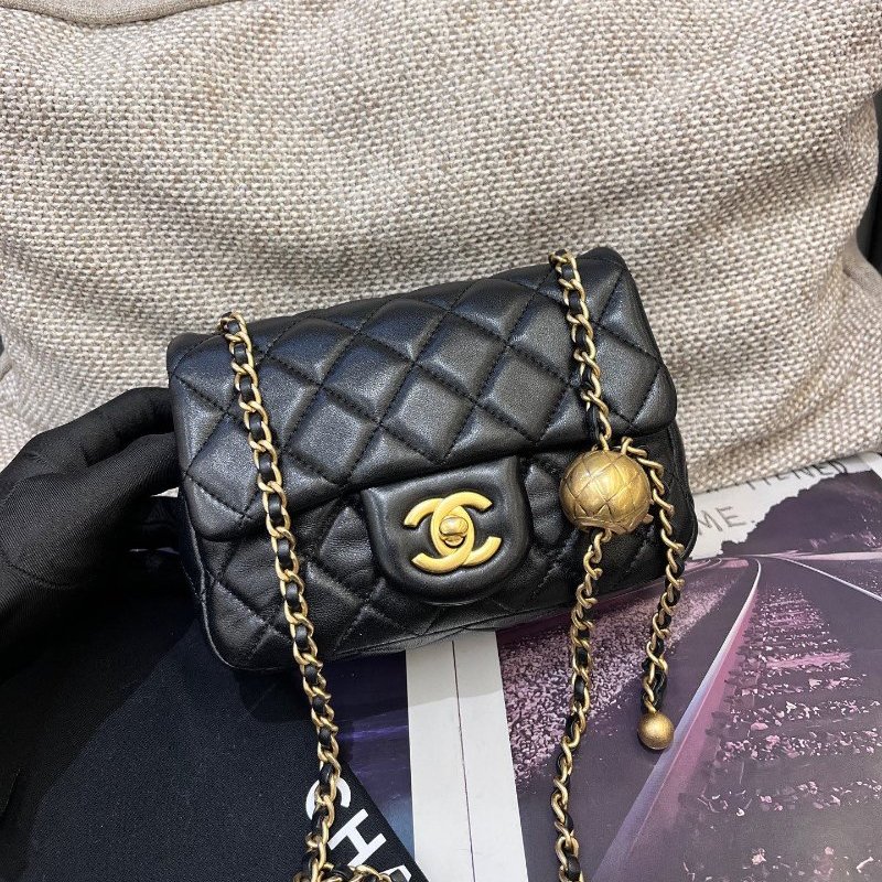 芯片款 香奈兒CHANEL黑金方胖子金球羊皮鏈條包-5