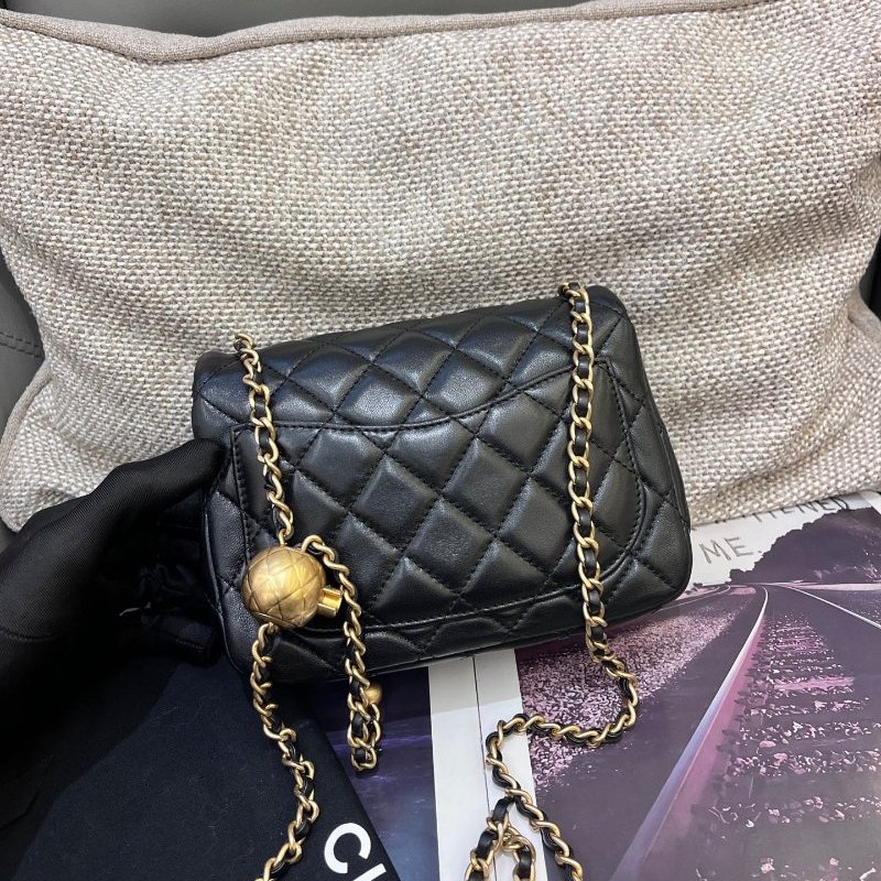 芯片款 香奈兒CHANEL黑金方胖子金球羊皮鏈條包-6