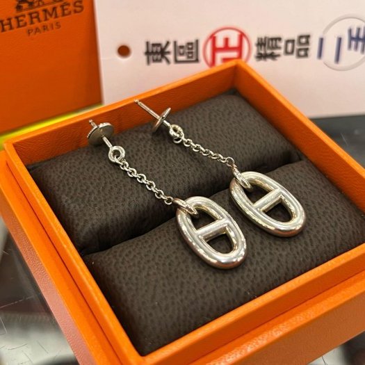東區正精品㊣HERMES 925 愛馬仕純銀豬鼻子垂墜耳環 RZ6173-1