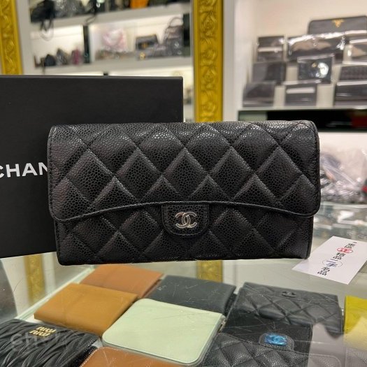 東區正精品㊣CHANEL A80758 香奈兒黑色荔枝皮牛皮銀扣釦式長夾 RZ6176-0