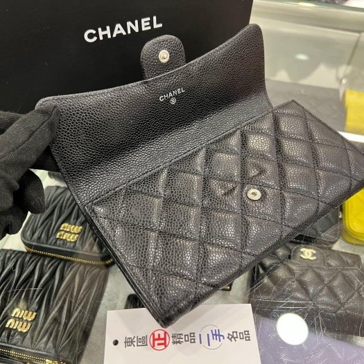 東區正精品㊣CHANEL A80758 香奈兒黑色荔枝皮牛皮銀扣釦式長夾 RZ6176-1
