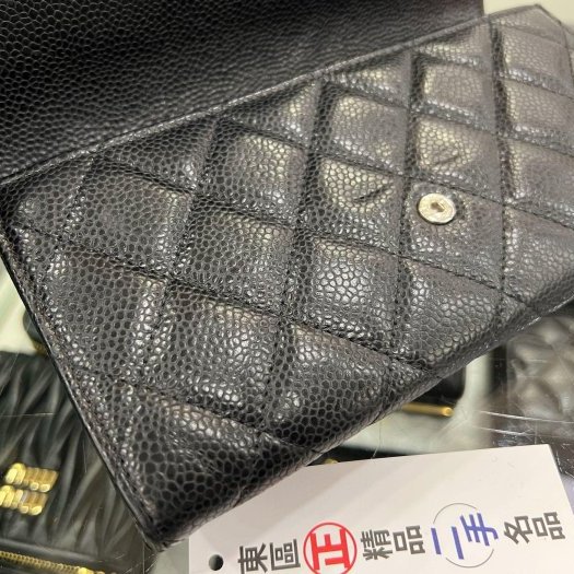 東區正精品㊣CHANEL A80758 香奈兒黑色荔枝皮牛皮銀扣釦式長夾 RZ6176-3