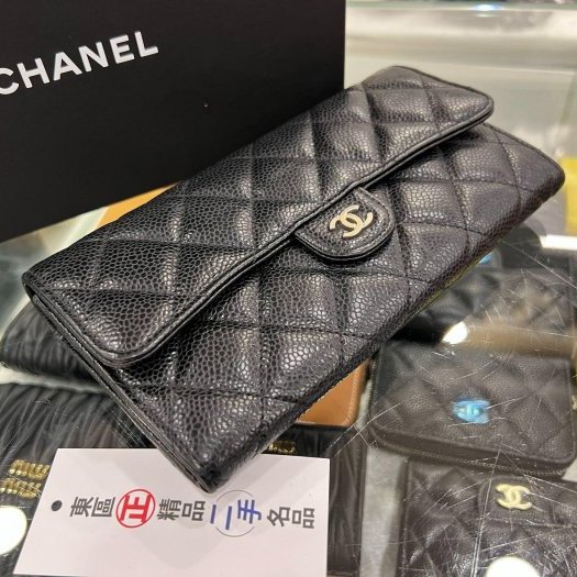 東區正精品㊣CHANEL A80758 香奈兒黑色荔枝皮牛皮銀扣釦式長夾 RZ6176-4