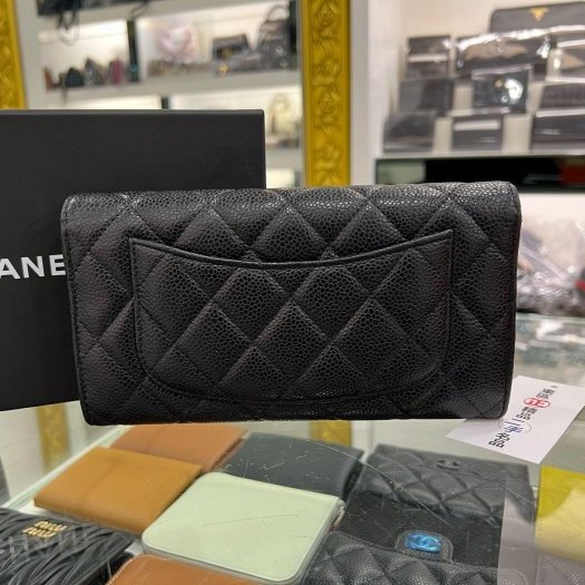 東區正精品㊣CHANEL A80758 香奈兒黑色荔枝皮牛皮銀扣釦式長夾 RZ6176-6