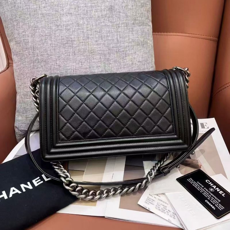 Chanel香奈兒LEBOY中號黑銀牛皮鏈條包-6