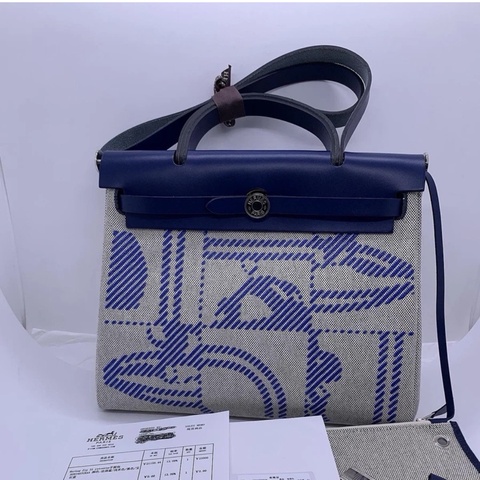 Hermes愛馬仕herbag 31 狂躁新娘限量款 深藍色拼米銀扣 Z刻 帆布拼皮