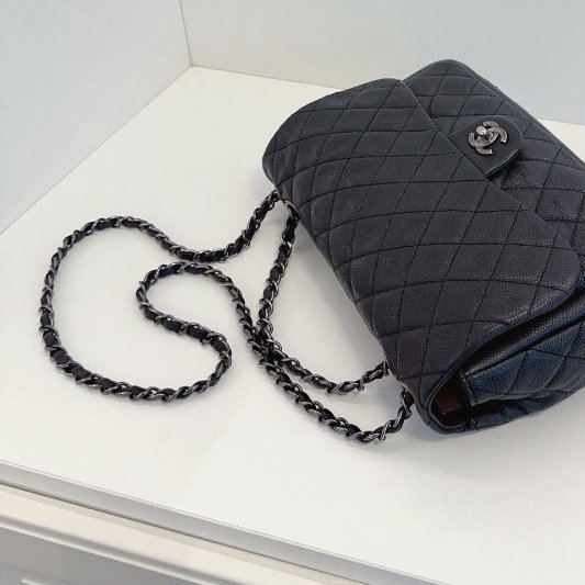 特別款 Chanel香奈兒黑銀荔枝皮菱格CF雙鏈口蓋包-9