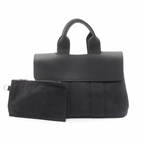 愛馬仕 Hermès Valparaiso PM 女士皮革手提包，飾以人字紋帆布圖案，黑色