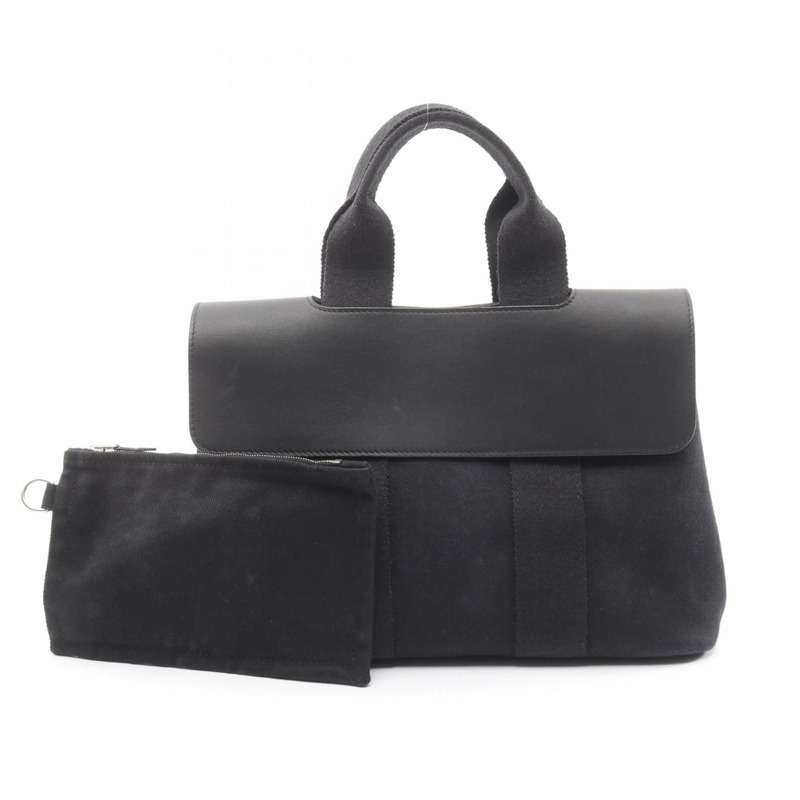 愛馬仕 Hermès Valparaiso PM 女士皮革手提包，飾以人字紋帆布圖案，黑色-0