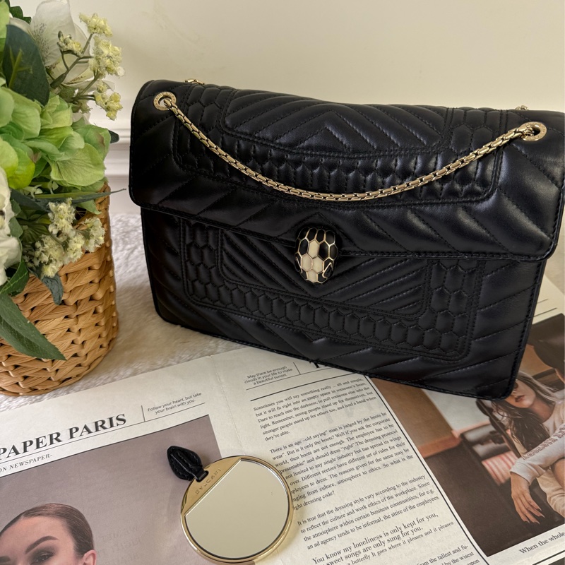 Serpenti Forever 黑白蛇頭雙鏈肩背包(黑色)-0