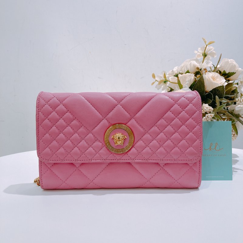 TW4688 Versace 范思哲翻蓋式鍊帶包包Quilted Clutch Chain Bag Leather Pink-0