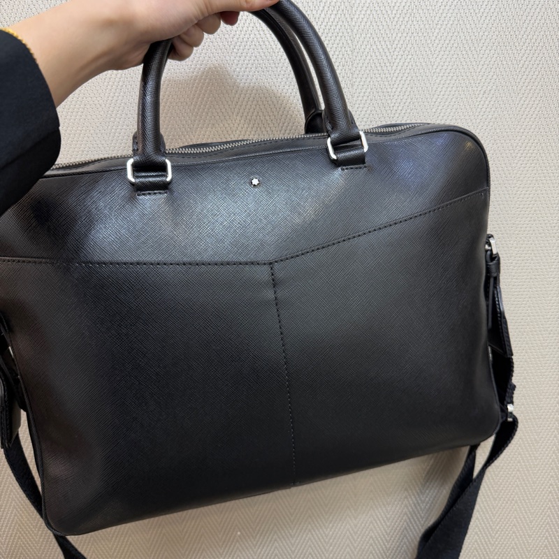 Montblanc 黑防刮牛皮銀釦一字拉手提斜背公式包-0