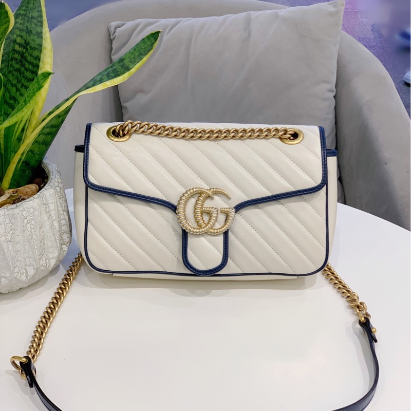 98新Gucci/古馳 marmont系列馬蒙26白色拼藍色牛皮金扣鏈條包 精緻雙G logo-0