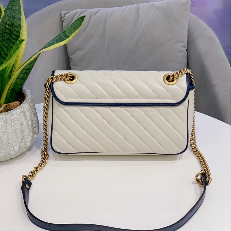 98新Gucci/古馳 marmont系列馬蒙26白色拼藍色牛皮金扣鏈條包 精緻雙G logo-1