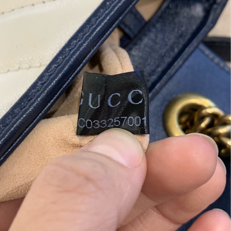 98新Gucci/古馳 marmont系列馬蒙26白色拼藍色牛皮金扣鏈條包 精緻雙G logo-5