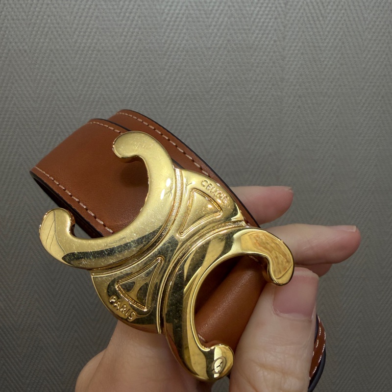 Celine 咖牛皮凱旋門金釦皮帶-1