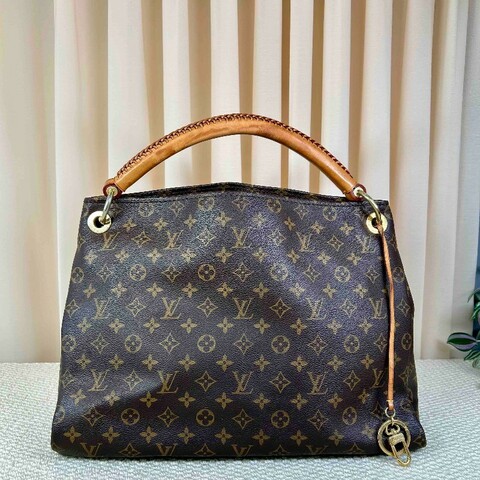 LV路易威登老花Artsy編織手柄包  經典款 棕色皮革邊框 金色五金 容量超大 手提款