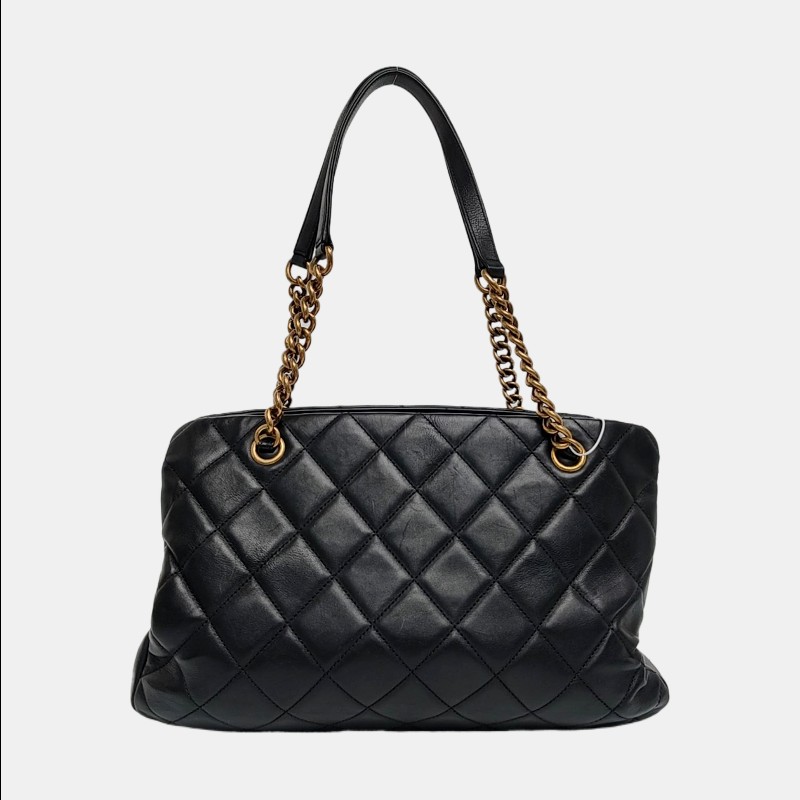 CHANEL 托特包黑色牛皮菱格紋縫線手提包 肩背包金色五金-3