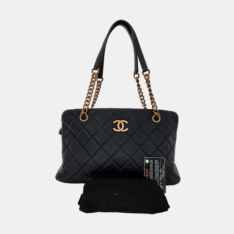 CHANEL 托特包黑色牛皮菱格紋縫線手提包 肩背包金色五金-6